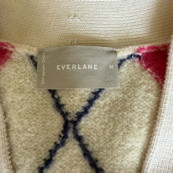 Everlane SuperFuzz Alpaca Cardigan Pink White Argyle Sweater Oversize Medium - Picture 3 of 8